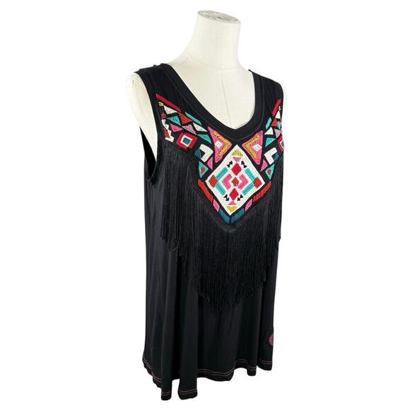 Double D Ranch Tops - Double D Ranch Embroidered Beaded Fringe Tank Top | Black | Western Cowgirl | S